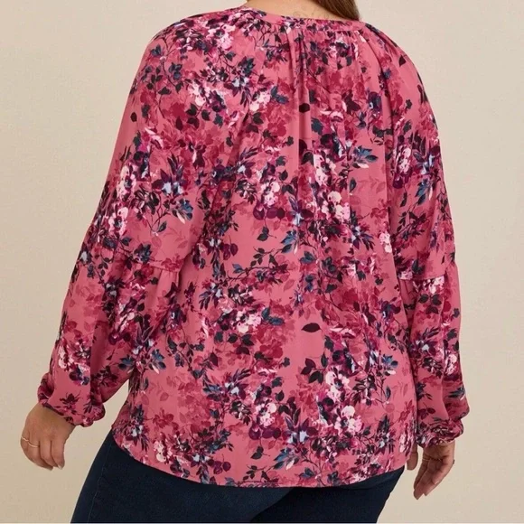 Torrid Georgette Floral Puff Sleeve Peasant Blouse 2X Pink - Picture 2 of 13